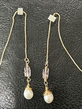 Gold Threader Earrings with Pink Crystal and Pearl Drop Hand Made